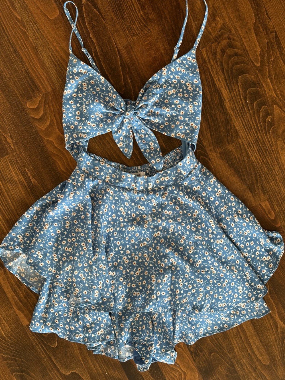 Blue Floral Tie-Front Romper with Cutout Waist